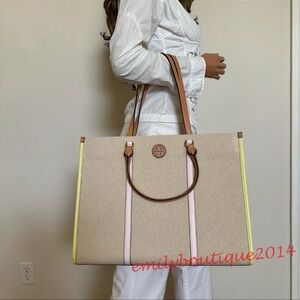 NWT Tory Burch 155079 Blake Canvas Jumbo Tote Natural Pink Pastry Large Bag
